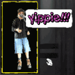 gif of a character from the game Nubby's Number Factory dancing, with a speech bubble saying Yippie!!!